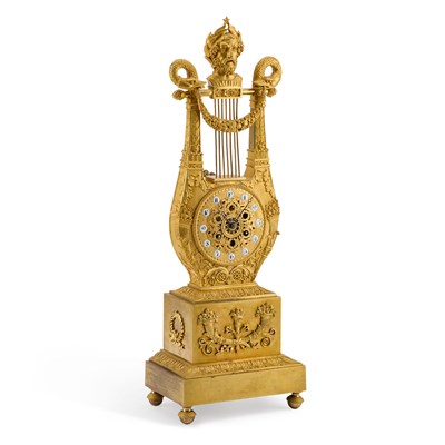 Lot 671 - A 19TH CENTURY FRENCH ORMOLU LYRE MANTEL CLOCK