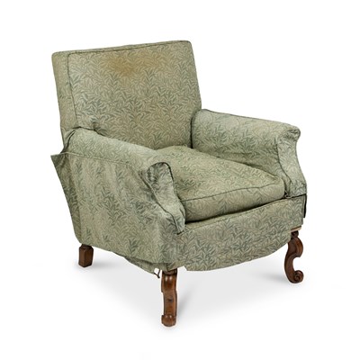 Lot 715 - A WALNUT AND UPHOLSTERED ARMCHAIR, STAMPED HOWARD & SONS LTD, LATE 19TH/EARLY 20TH CENTURY