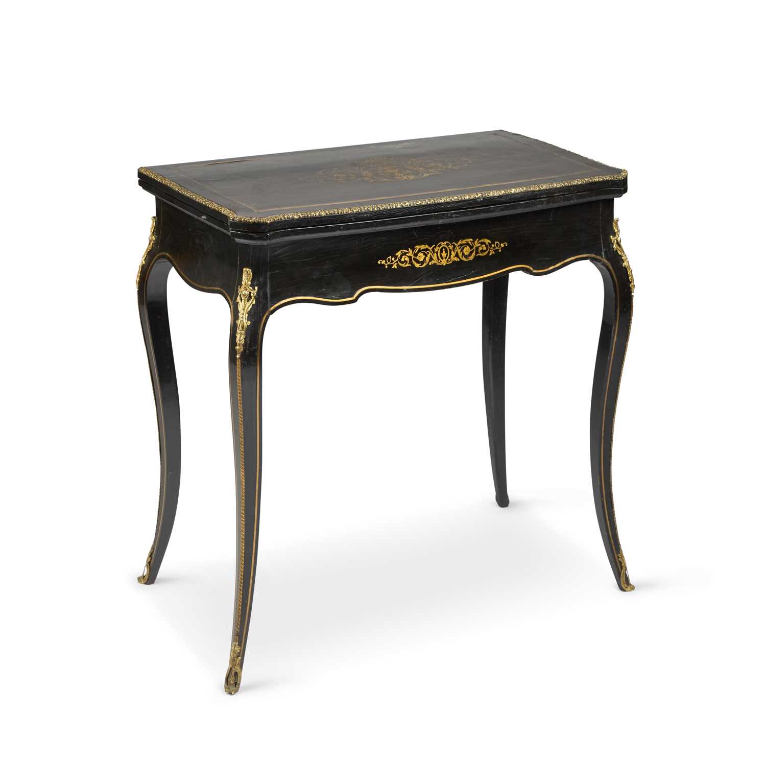 Lot 734 - A NAPOLEON III BRASS-INLAID EBONISED LADIES DRESSING TABLE-CUM-GAMES TABLE