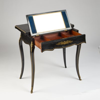 Lot 734 - A NAPOLEON III BRASS-INLAID EBONISED LADIES DRESSING TABLE-CUM-GAMES TABLE