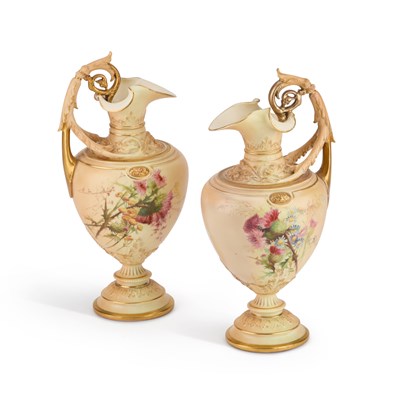 Lot 86 - A PAIR OF ROYAL WORCESTER BLUSH IVORY EWERS, DATED 1898