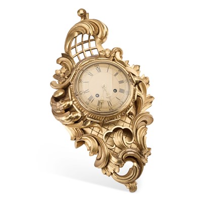 Lot 676 - AN 18TH CENTURY STYLE GILT-WOOD CARTEL CLOCK