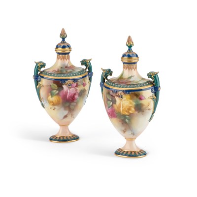 Lot 74 - A PAIR OF ROYAL WORCESTER HADLEY WARE VASES AND COVERS, DATED 1905