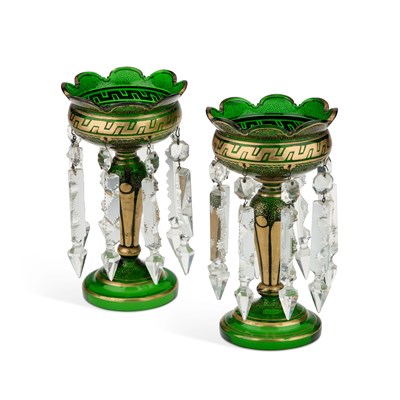 Lot 17 - A PAIR OF BOHEMIAN GREEN GLASS TABLES LUSTRES, CIRCA 1870