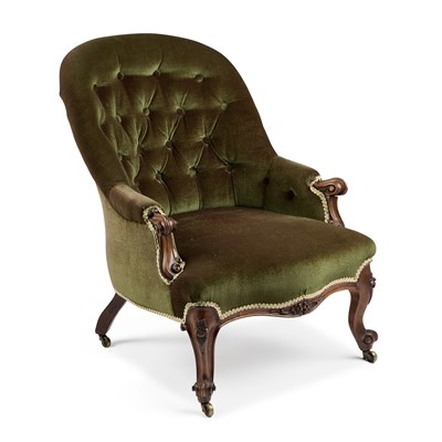 Lot 746 - A VICTORIAN WALNUT AND UPHOLSTERED BUTTON-BACK ARMCHAIR