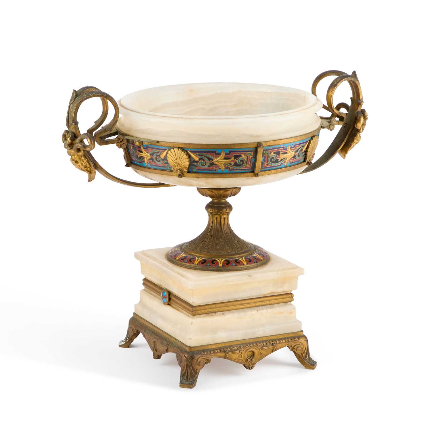 Lot 146 - A FRENCH BRONZE, CLOISONNÉ ENAMEL AND ONYX TAZZA BY FERDINAND BARBEDIENNE, LATE 19TH CENTURY