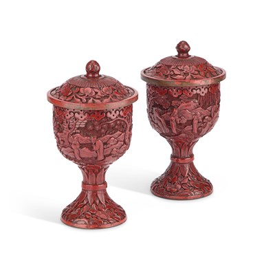 Lot 127 - A PAIR OF CHINESE CINNABAR LACQUER CUPS AND COVERS, QING DYNASTY