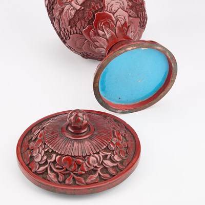 Lot 127 - A PAIR OF CHINESE CINNABAR LACQUER CUPS AND COVERS, QING DYNASTY