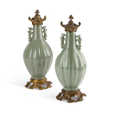 Lot 94 - A PAIR OF ORMOLU-MOUNTED CHINESE CELADON VASES