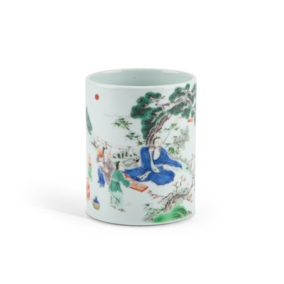 Lot 108 - A CHINESE FAMILLE VERTE INSCRIBED BRUSH POT
