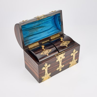 Lot 784 - A VICTORIAN BRASS-MOUNTED COROMANDEL TEA CADDY, SIGNED J & G HAYWOOD, DERBY