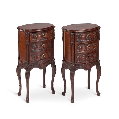 Lot 700 - A PAIR OF LOUIS XV STYLE WALNUT THREE-DRAWER SIDE TABLES