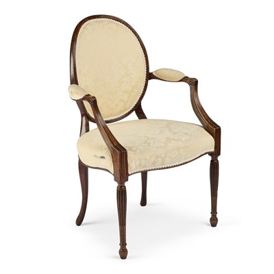 Lot 726 - A GEORGE III MAHOGANY 'HEPPLEWHITE' OPEN ARMCHAIR