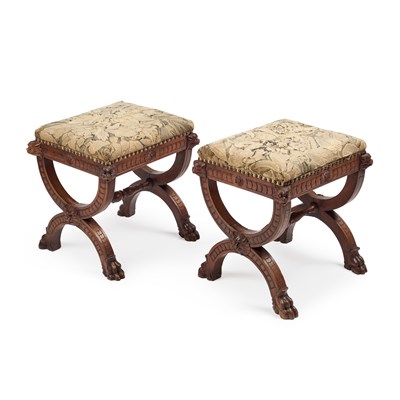 Lot 769 - A PAIR OF VICTORIAN GOTHIC REVIVAL OAK AND UPHOLSTERED STOOLS