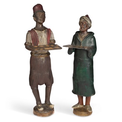 Lot 64 - A VERY LARGE PAIR OF GOLDSCHEIDER STYLE PAINTED TERRACOTTA FIGURES