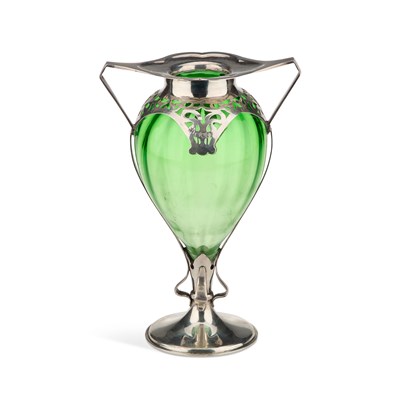 Lot 346 - AN EDWARDIAN SILVER-MOUNTED GREEN GLASS VASE