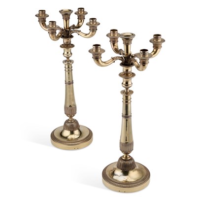 Lot 252 - A PAIR OF EARLY 19TH CENTURY FRENCH SILVER-GILT FIVE-LIGHT CANDELABRA