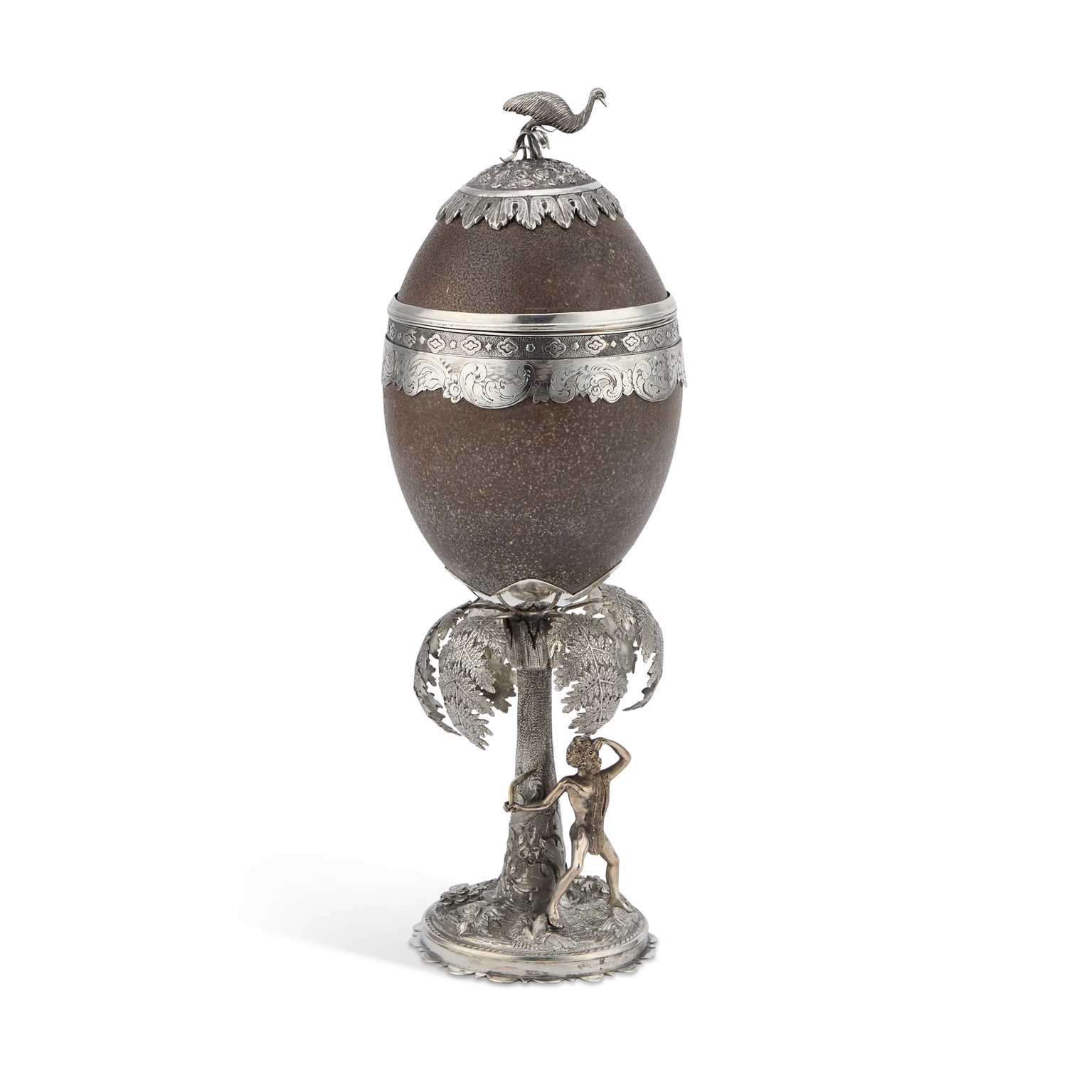Lot 176 - A RARE AUSTRALIAN SILVER-MOUNTED EMU EGG CUP, CIRCA 1870