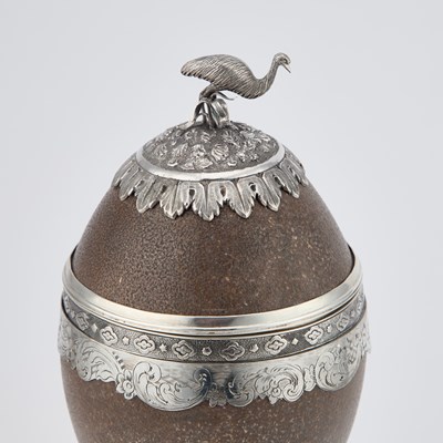 Lot 176 - A RARE AUSTRALIAN SILVER-MOUNTED EMU EGG CUP, CIRCA 1870