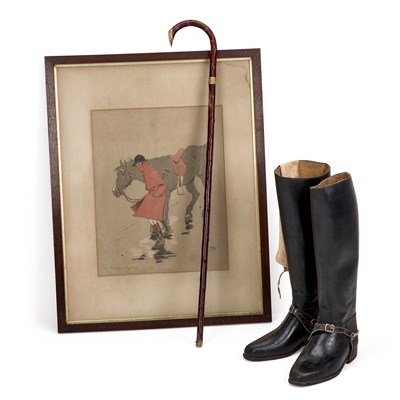 Lot 2 - A PAIR OF HARRY HALL SIZE 9 RIDING BOOTS, A GILT-METAL MOUNTED CANE AND A HUNTING PRINT