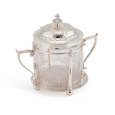 Lot 162 - A LATE VICTORIAN SILVER-PLATED AND GLASS BISCUIT BOX