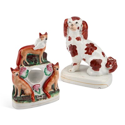 Lot 68 - A VICTORIAN STAFFORDSHIRE POTTERY 'FOXES' WATCH HOLDER