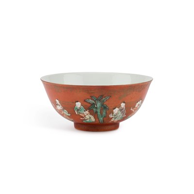 Lot 607 - A CHINESE CORAL-GROUND FAMILLE VERTE 'BOYS' BOWL