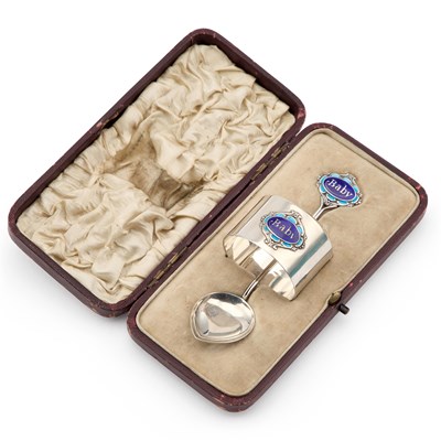 Lot 203 - A GEORGE V SILVER AND ENAMEL CHRISTENING SPOON AND NAPKIN RING