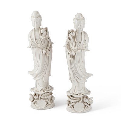 Lot 96 - A LARGE PAIR OF CHINESE BLANC-DE-CHINE FIGURES OF GUANYIN