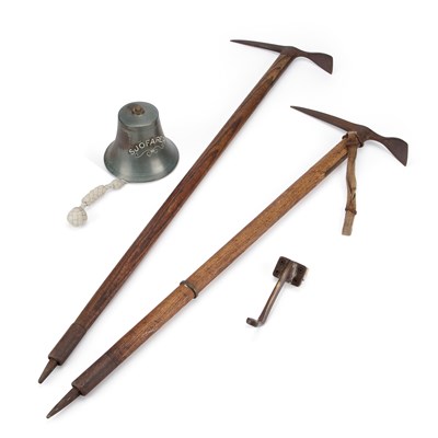 Lot 934 - TWO VINTAGE FRENCH STEEL AND OAK SHAFTED ICE AXES