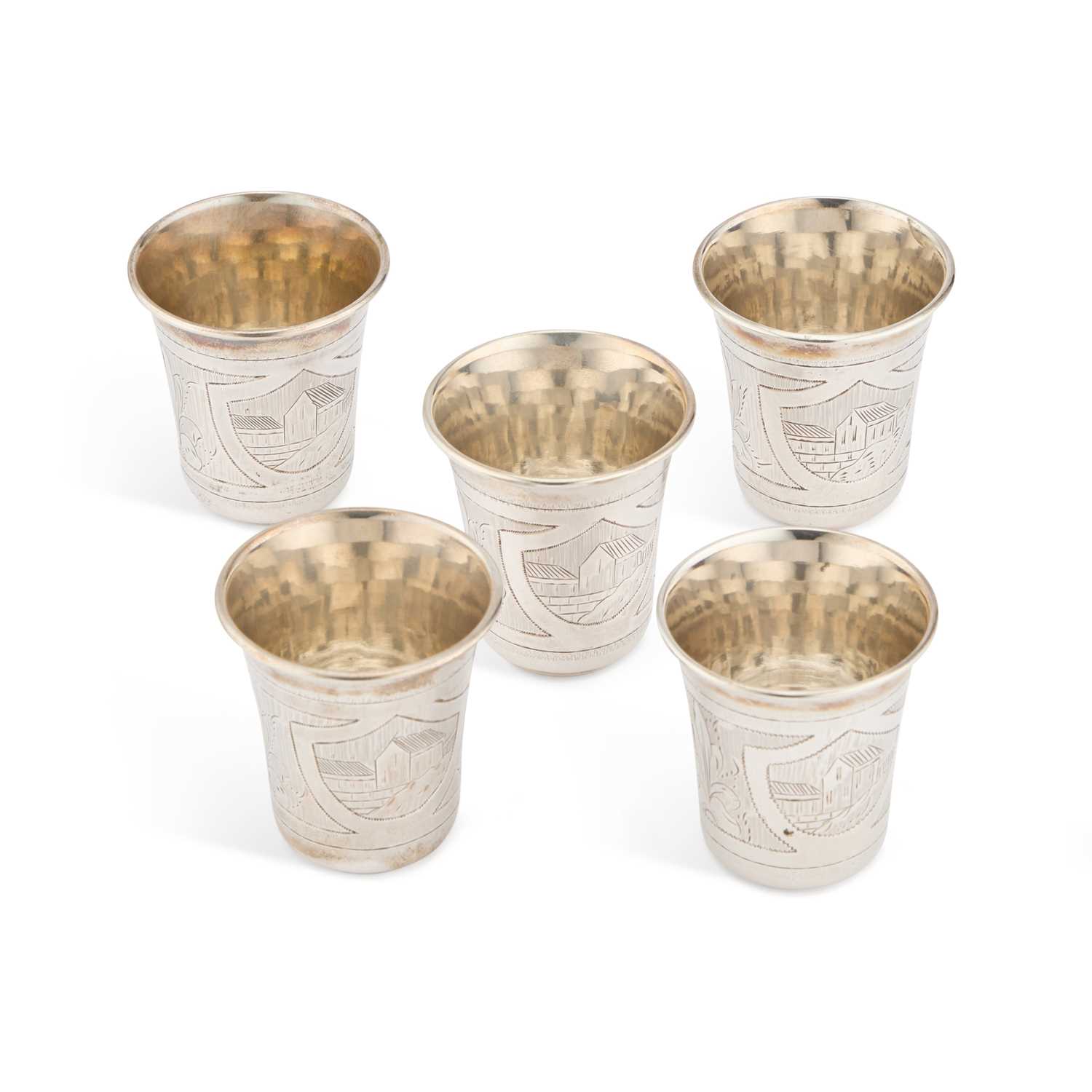 Lot 237 - FIVE 19TH CENTURY RUSSIAN SILVER VODKA CUPS