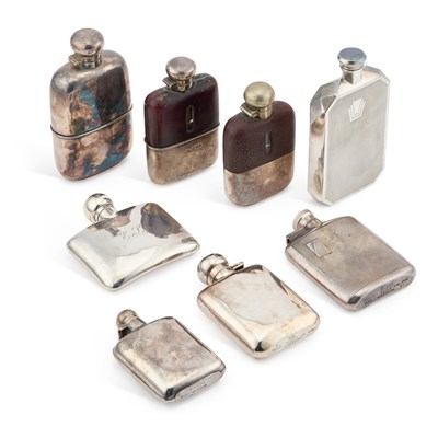 Lot 167 - TWO SILVER HIP FLASKS AND SIX SILVER-PLATED HIP FLASKS