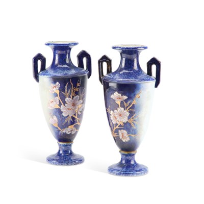 Lot 45 - A LARGE PAIR OF BLUE-GROUND TWO-HANDLED VASES, LATE 19TH/EARLY 20TH CENTURY