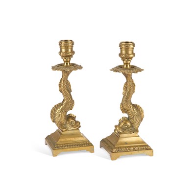 Lot 44 - A PAIR OF BRASS 'DOLPHIN' CANDLESTICKS