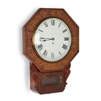 Lot 1051 - A GEORGE IV BRASS INLAID MAHOGANY SINGLE-FUSEE WALL CLOCK