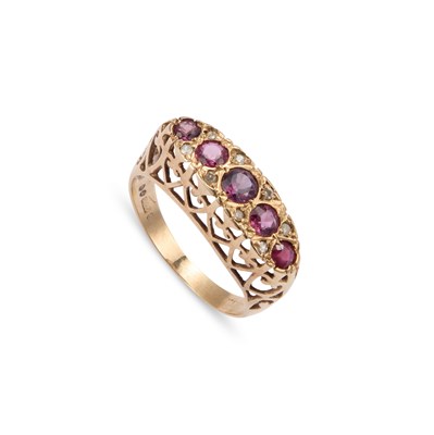 Lot 860 - A 19TH CENTURY 9 CARAT GOLD RUBY AND DIAMOND RING