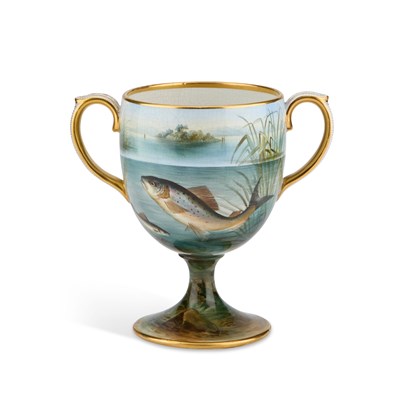 Lot 48 - A 19TH CENTURY PAINTED POTTERY TWO-HANDLED CUP