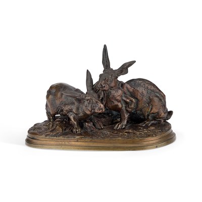 Lot 924 - PIERRE-JULES MÊNE (FRENCH, 1810-1879), A BRONZE GROUP OF TWO RABBITS