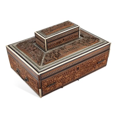 Lot 759 - AN ANGLO-INDIAN SANDALWOOD, IVORY AND SADELI WORK BOX, MID-19TH CENTURY