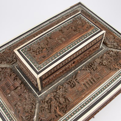 Lot 759 - AN ANGLO-INDIAN SANDALWOOD, IVORY AND SADELI WORK BOX, MID-19TH CENTURY
