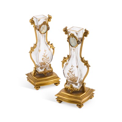 Lot 52 - A FINE PAIR OF 19TH CENTURY GILT-BRONZE AND GLASS VASES