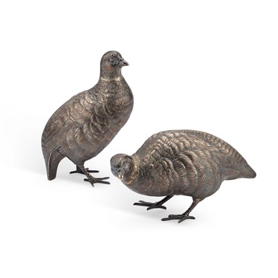 Lot 271 - A PAIR OF EARLY 20TH CENTURY CAST SILVER MODELS OF GROUSE