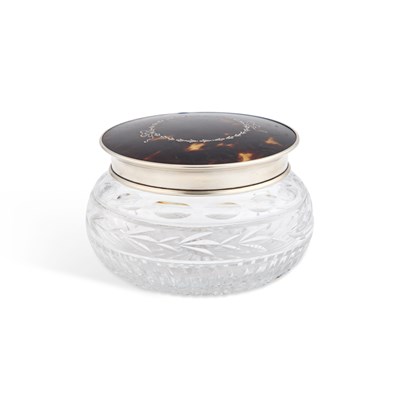 Lot 372 - A GEORGE V SILVER, TORTOISESHELL AND CUT-GLASS DRESSING TABLE JAR