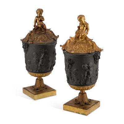 Lot 908 - A PAIR OF LATE 19TH CENTURY GILT AND PATINATED BRONZE URNS AND COVERS