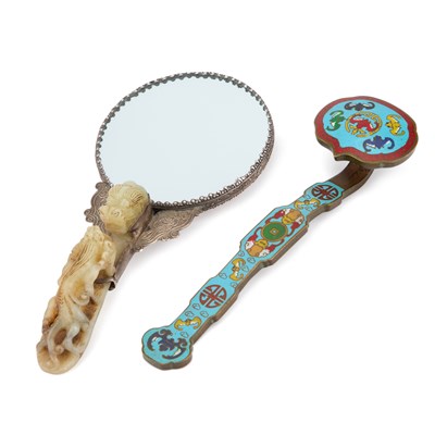 Lot 102 - A CHINESE SILVER AND JADE HAND-MIRROR AND A CHINESE CLOISONNÉ RUYI SCEPTRE