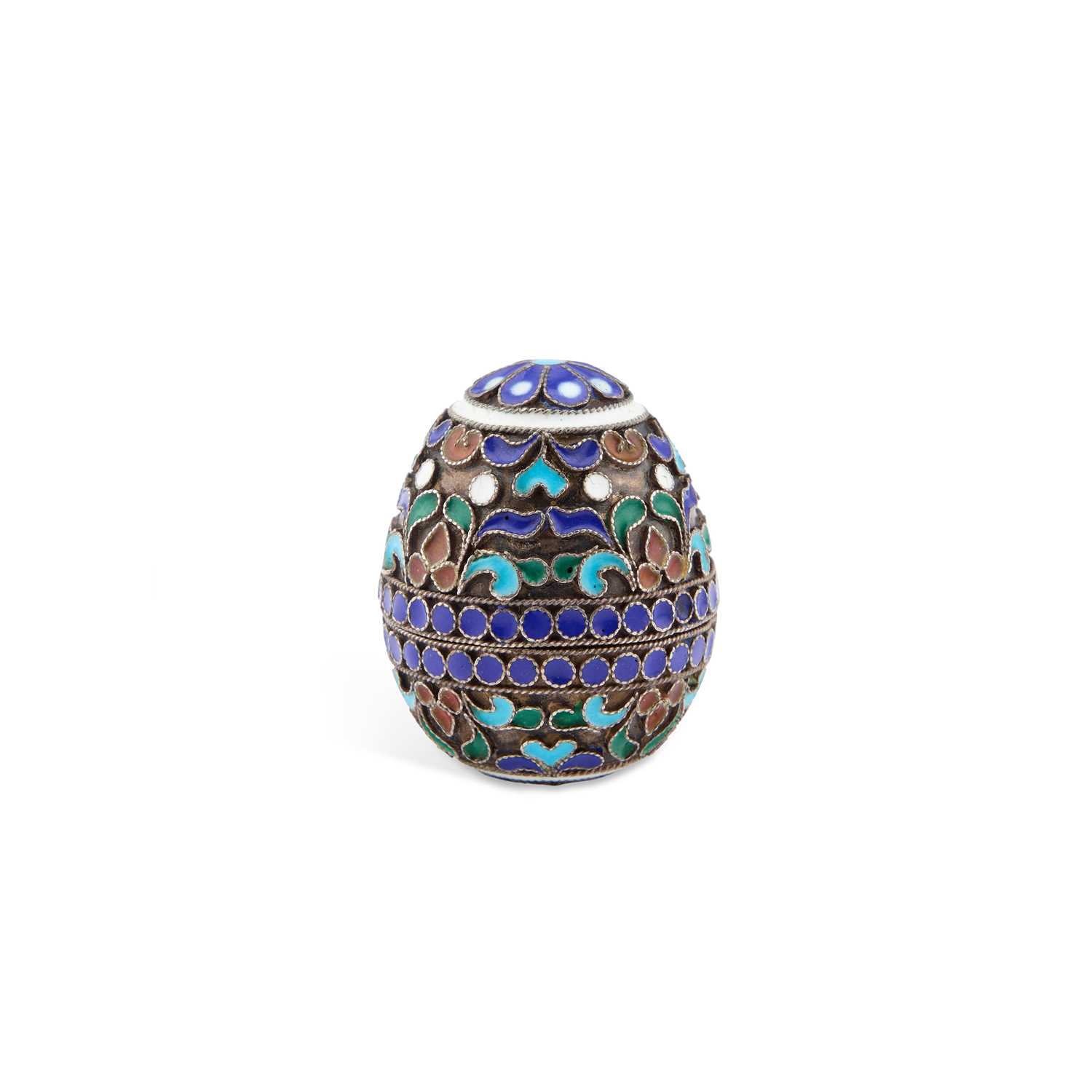 Lot 251 - A RUSSIAN SILVER AND CLOISONNÉ ENAMEL MINIATURE EGG