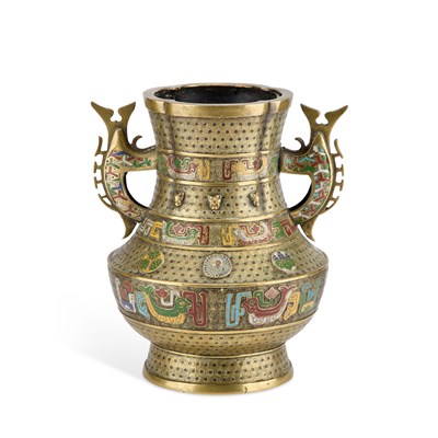 Lot 725 - A LARGE BRONZE AND CLOISONNÉ ENAMEL TWO-HANDLED VASE