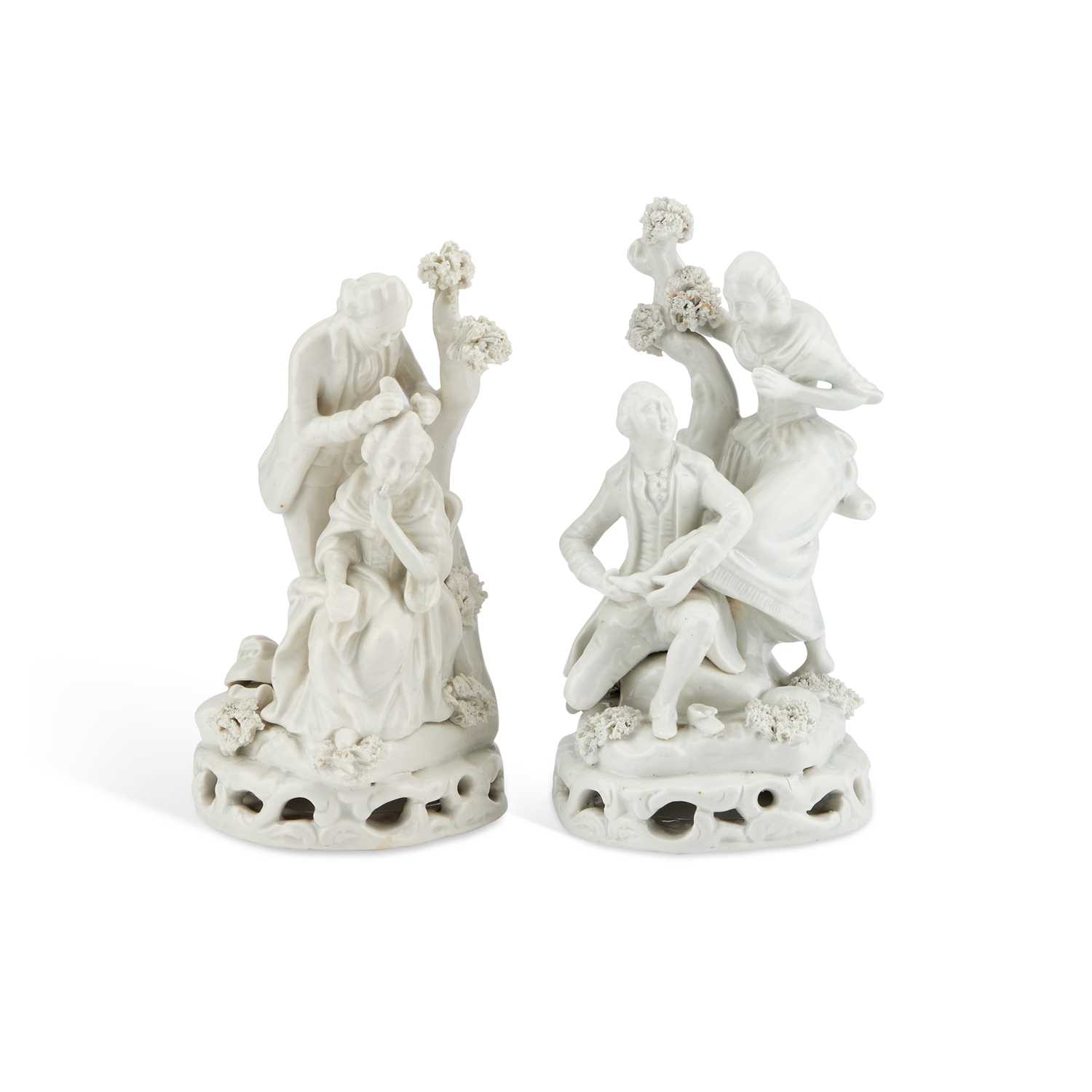 Lot 91 - A PAIR OF STAFFORDSHIRE WHITE-GLAZED FIGURE GROUPS OF A HAIRDRESSER AND A SHOEBLACK, CIRCA 1830