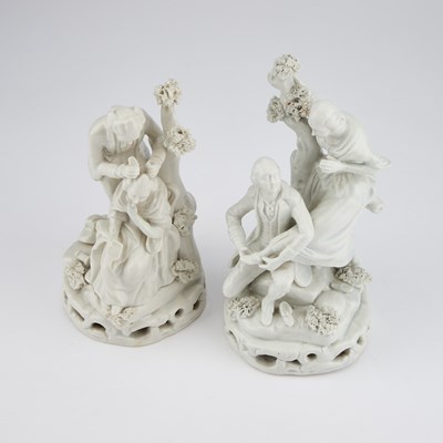 Lot 91 - A PAIR OF STAFFORDSHIRE WHITE-GLAZED FIGURE GROUPS OF A HAIRDRESSER AND A SHOEBLACK, CIRCA 1830