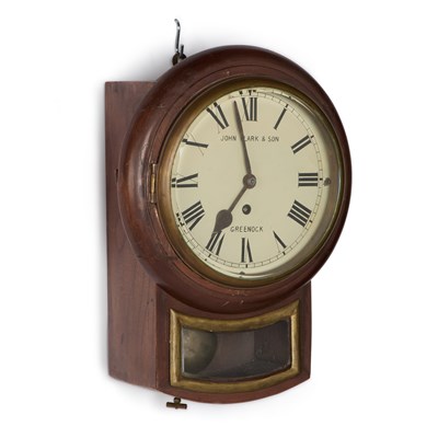 Lot 1053 - A SINGLE-FUSEE WALL CLOCK, SIGNED JOHN CLARK & SON, GREENOCK